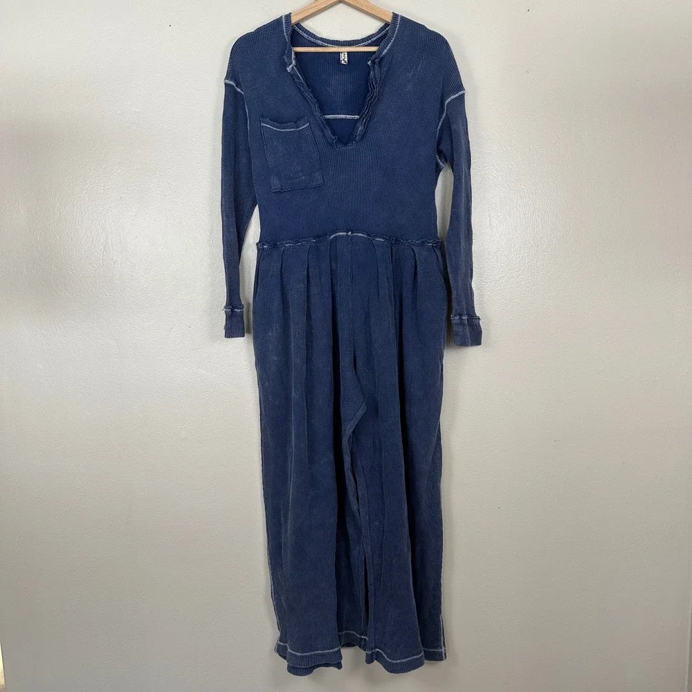 Free People Women's M Thermal Jumpsuit Blue Waffle Knit Wide Leg Long Sleeve